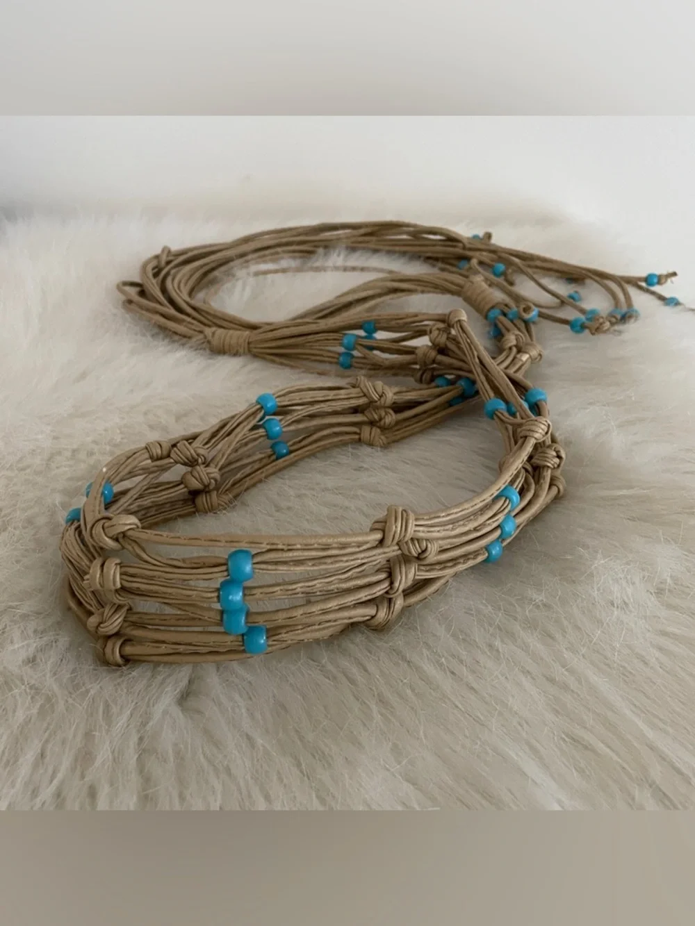 Vintage leather tie belt Handmade Natural Rope Waist Belt wTurquoise color Beads